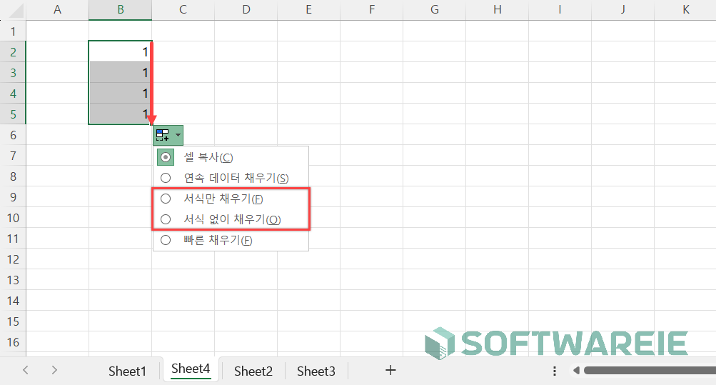 엑셀 서식 채우기 사용 방법