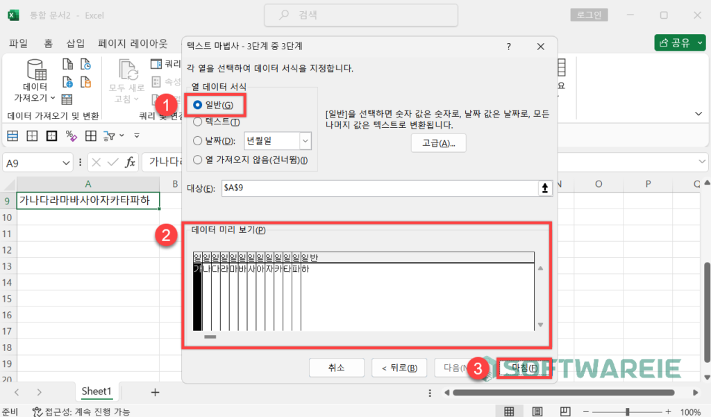 열 데이터 서식 일반으로 설정한 후, 미리 보기 확인