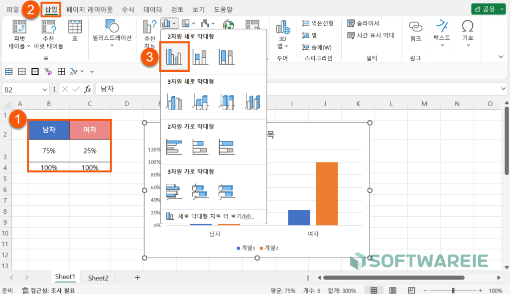 엑셀 남녀 그래프 차트 삽입하기